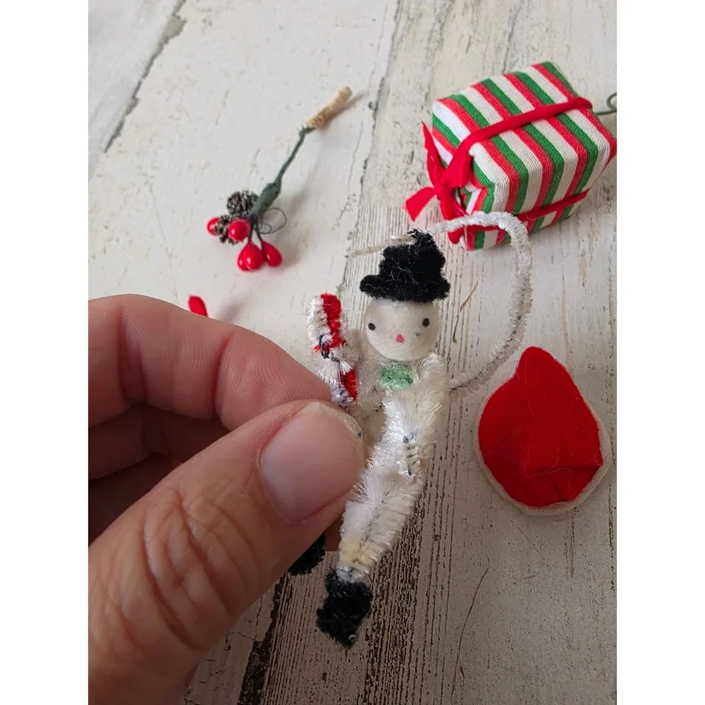 Vintage putz spun cotton snowman present mini stocking accessory ornament tree